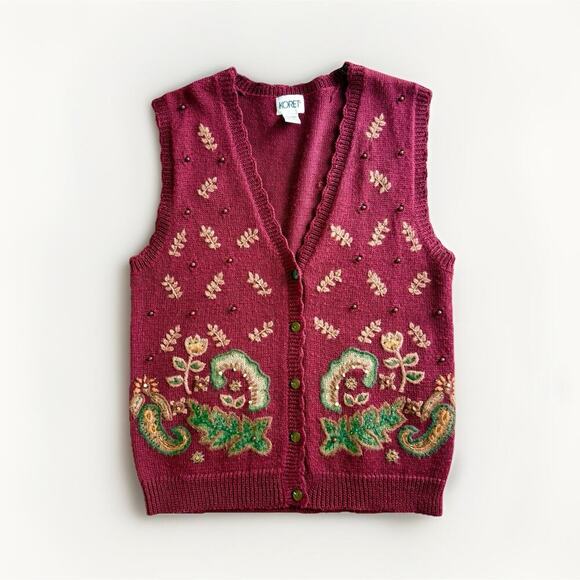 VTG 90s Koret Paisley Embroidered Sweater Vest Women S Knit Bead Sequin Grandma - Picture 1 of 12
